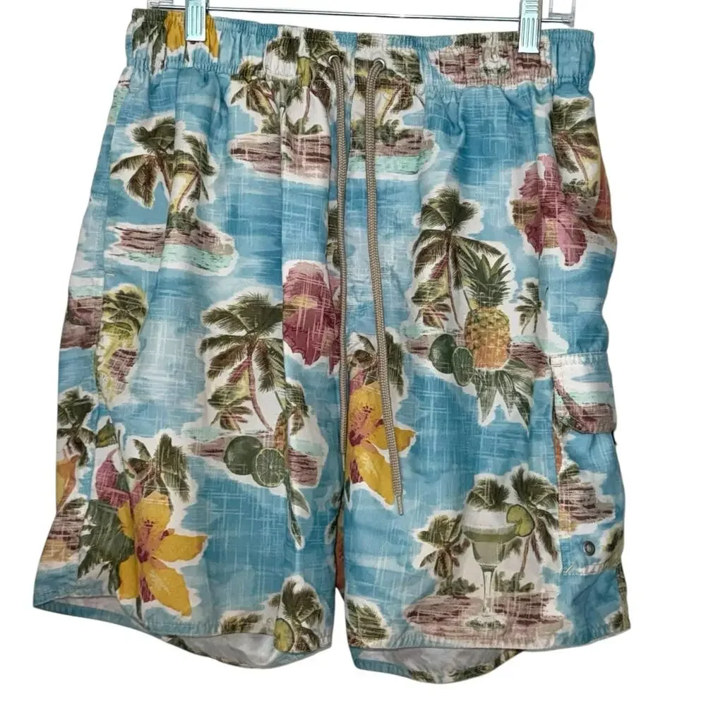 Croft & Barrow Swimsuit, Tropical Bathing Suit Swim Shorts Blue White Mens Large